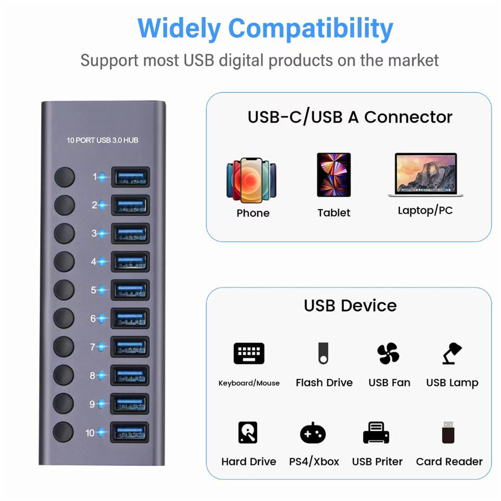 Usb 3.0 Hub 10-port Hub Docking Station with Independent Switch Usb Splitter for Pc Laptop Accessories US Plug