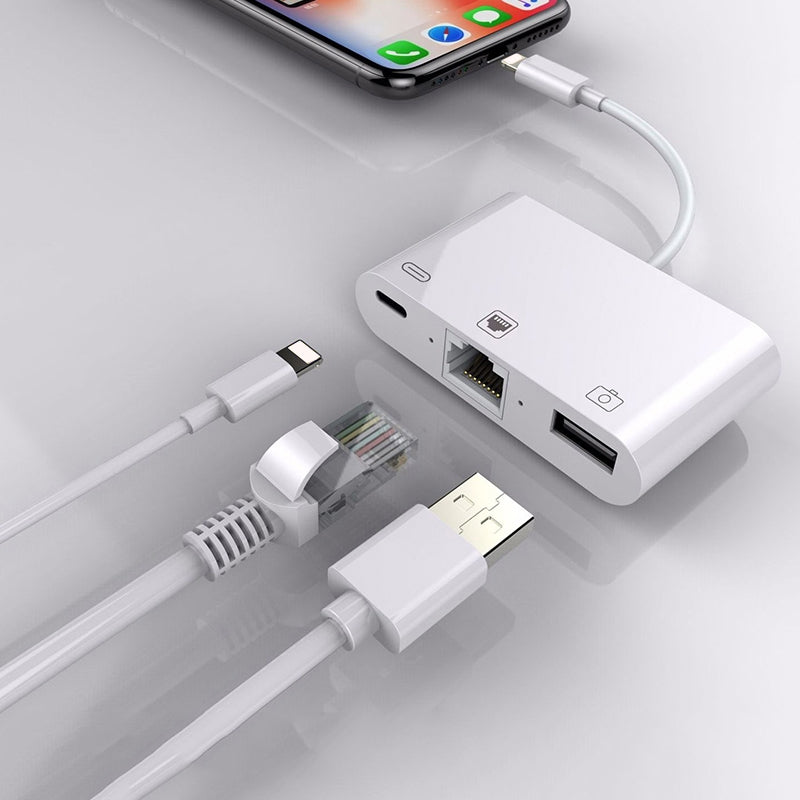 3-in-1 Network Card Converter Lighting To Rj45 Adapter Mobile Phone To Network Cable Compatible For Iphone white bag