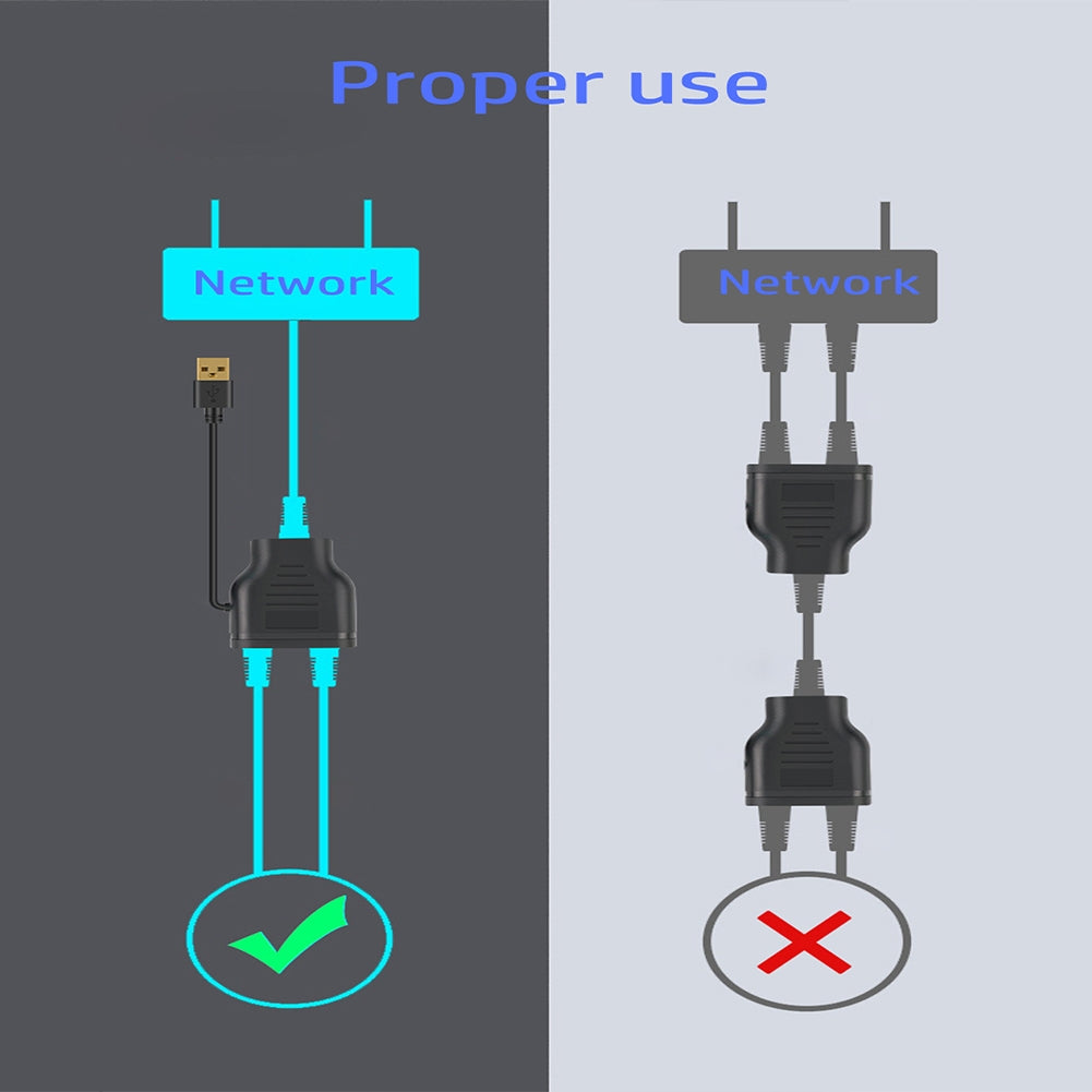 Rj45 Network Splitter Rj45 1 To 2 LAN Interface Ethernet Socket Connector Adapter 100M With Usb Power Cable black