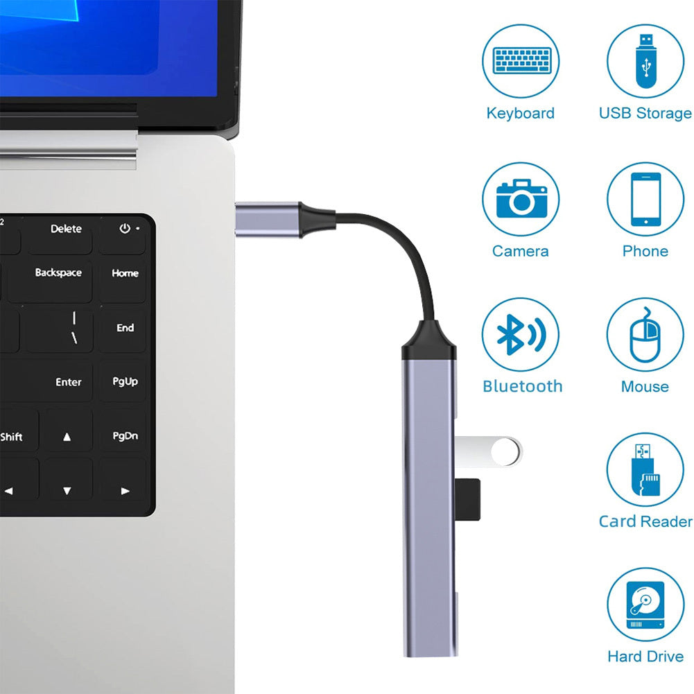 USB 3.0 Hub 4-Port USB Splitter USB2.0 USB3.0 Interface Type-C Docking Station With Extended Cable For Laptop gray