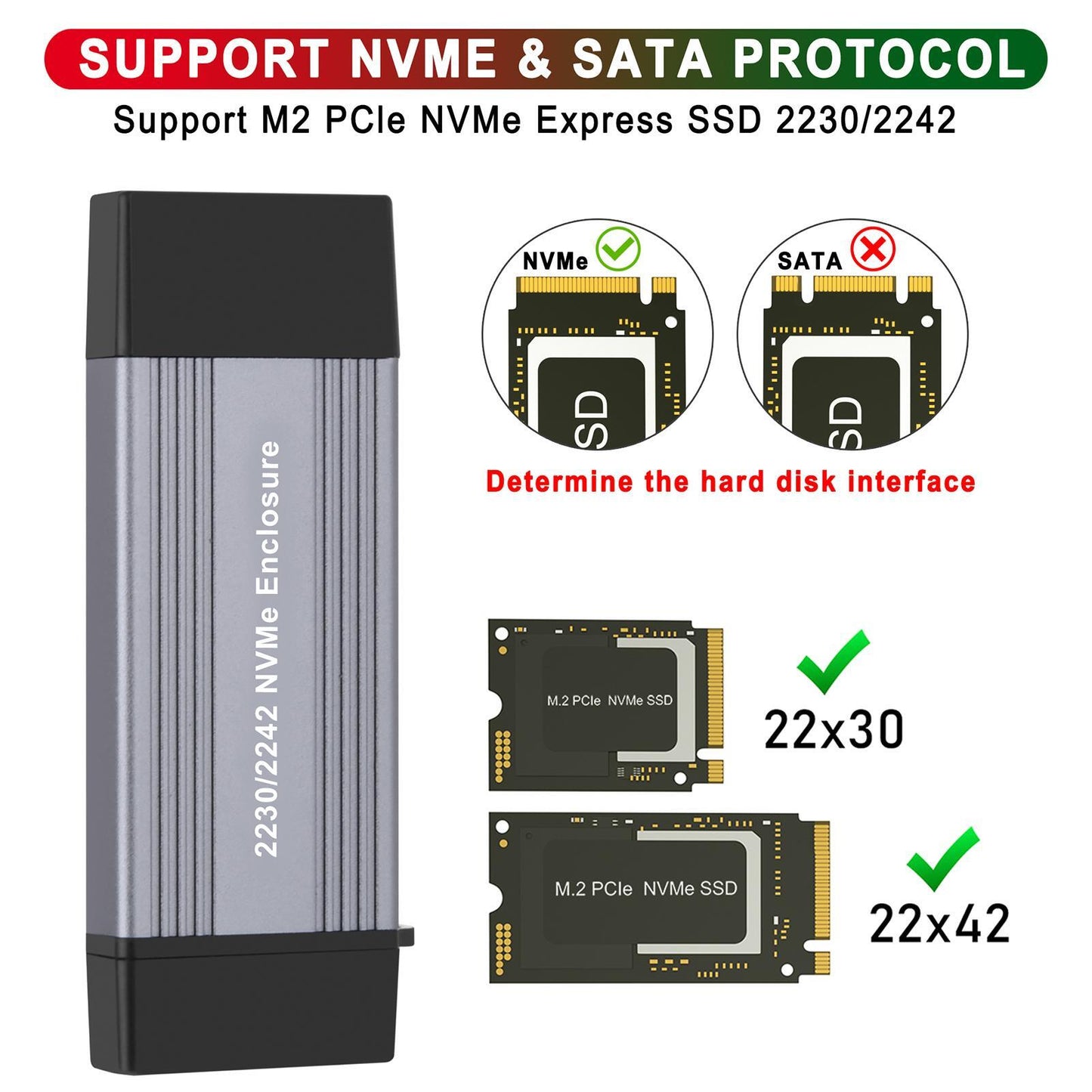 USB Gen 2 10gbps Type C Tool Free Enclosure Aluminum M.2 Nvme Ssd Enclosure Adapter for 2230/2242 Nvme Protocol