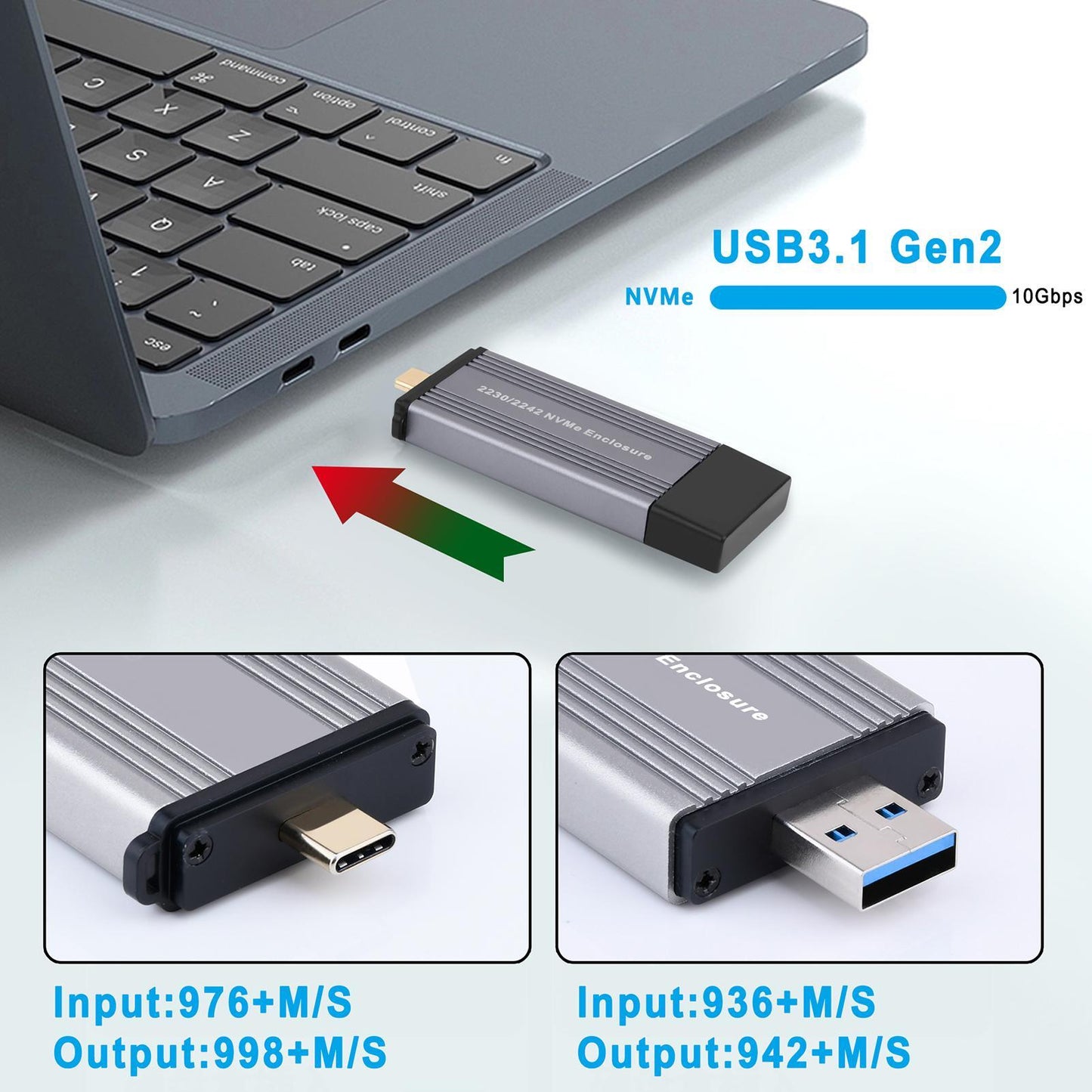 USB Gen 2 10gbps Type C Tool Free Enclosure Aluminum M.2 Nvme Ssd Enclosure Adapter for 2230/2242 Nvme Protocol