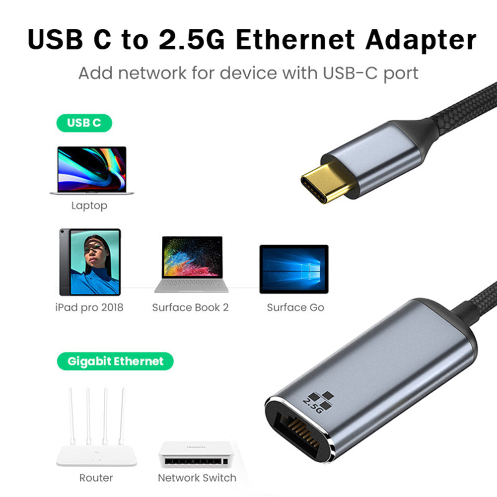 USB C To 2.5Gbps Ethernet Adapter Network Cable Converter To Type-C Adapter Compatible For XPS Galaxy S20 Phone Laptop PC grey