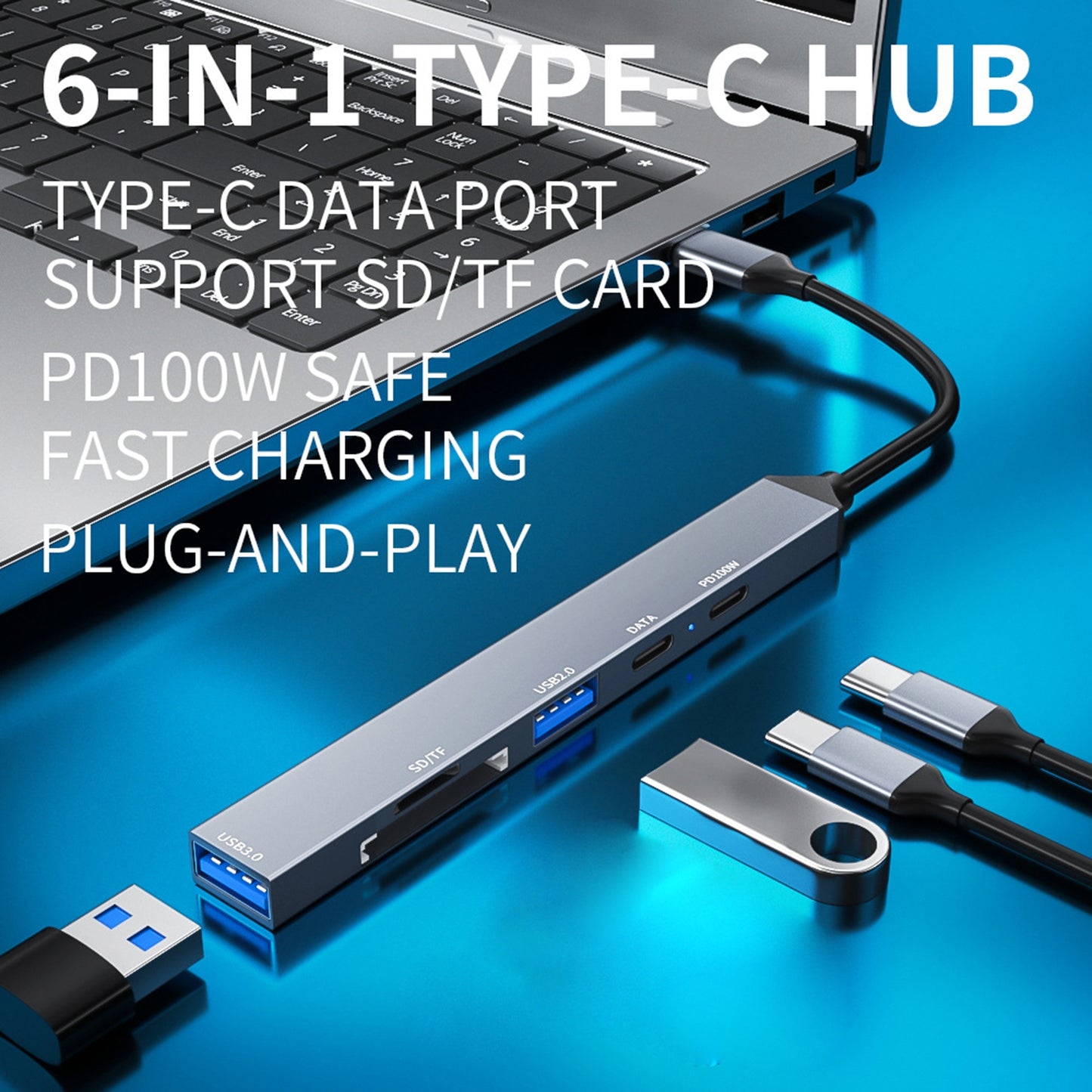 Multiport Adapter 6 In 1 USB C Dongle With Cable Data Adapter 5Gbps High Speed USB C Hub For Laptop Printer Flash Drive grey