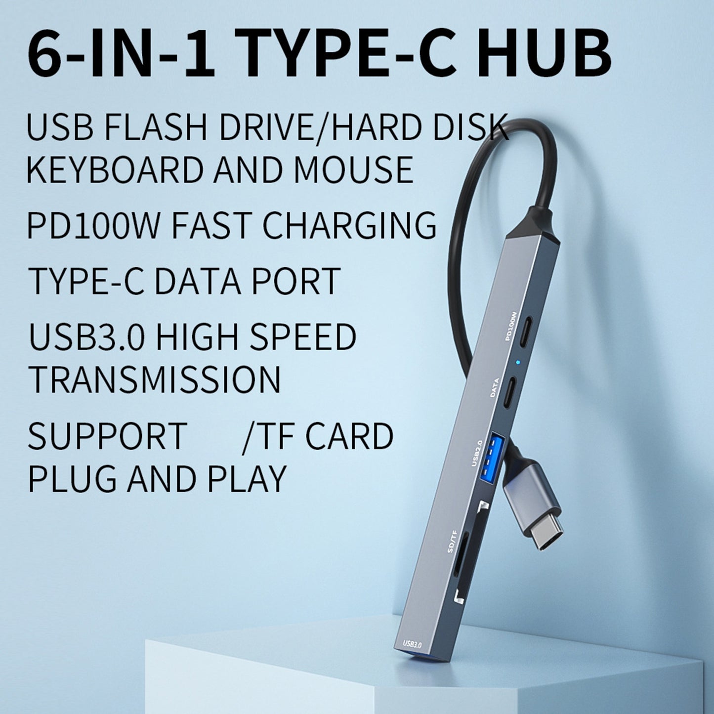 Multiport Adapter 6 In 1 USB C Dongle With Cable Data Adapter 5Gbps High Speed USB C Hub For Laptop Printer Flash Drive grey