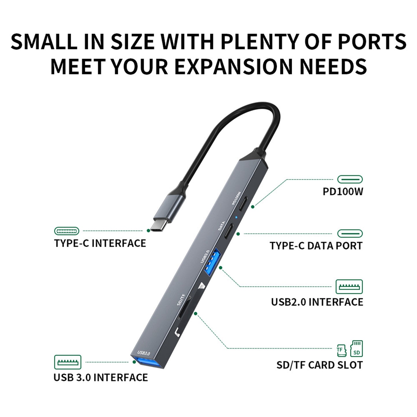 Multiport Adapter 6 In 1 USB C Dongle With Cable Data Adapter 5Gbps High Speed USB C Hub For Laptop Printer Flash Drive grey