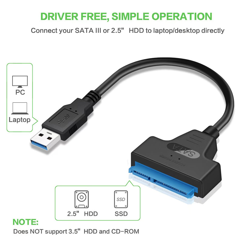 USB 3.0 To SATA Adapter Cable Super Fast Data Transfer SATA Cable Converter With Power Port For 2.5" SSD HDD Drives black