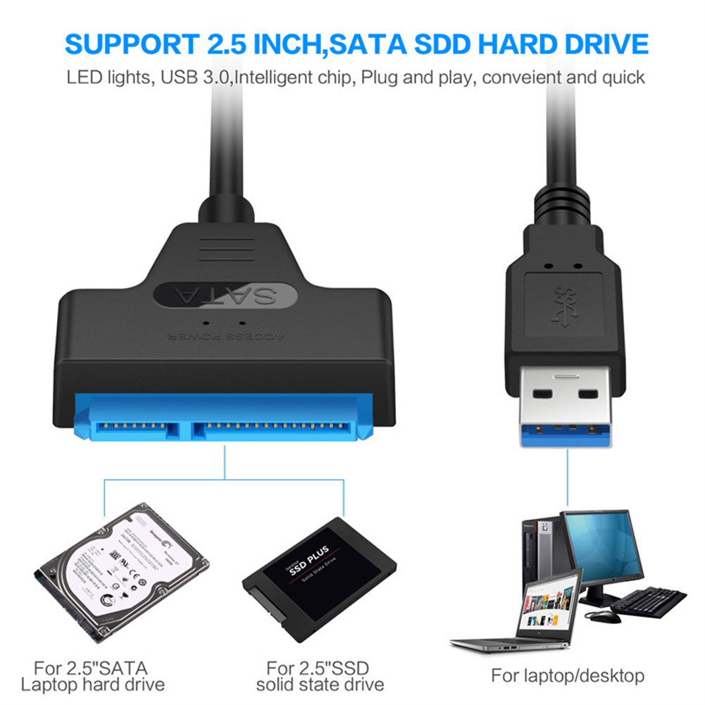 USB 3.0 To SATA Adapter Cable Super Fast Data Transfer SATA Cable Converter With Power Port For 2.5" SSD HDD Drives black