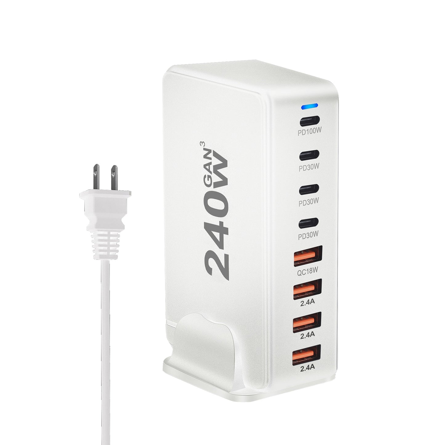 240W Multifunctional USB Charger Hub 4 USB A 4 USB C Hub PD Adapter Charging Block Plug Adapter White US Plug