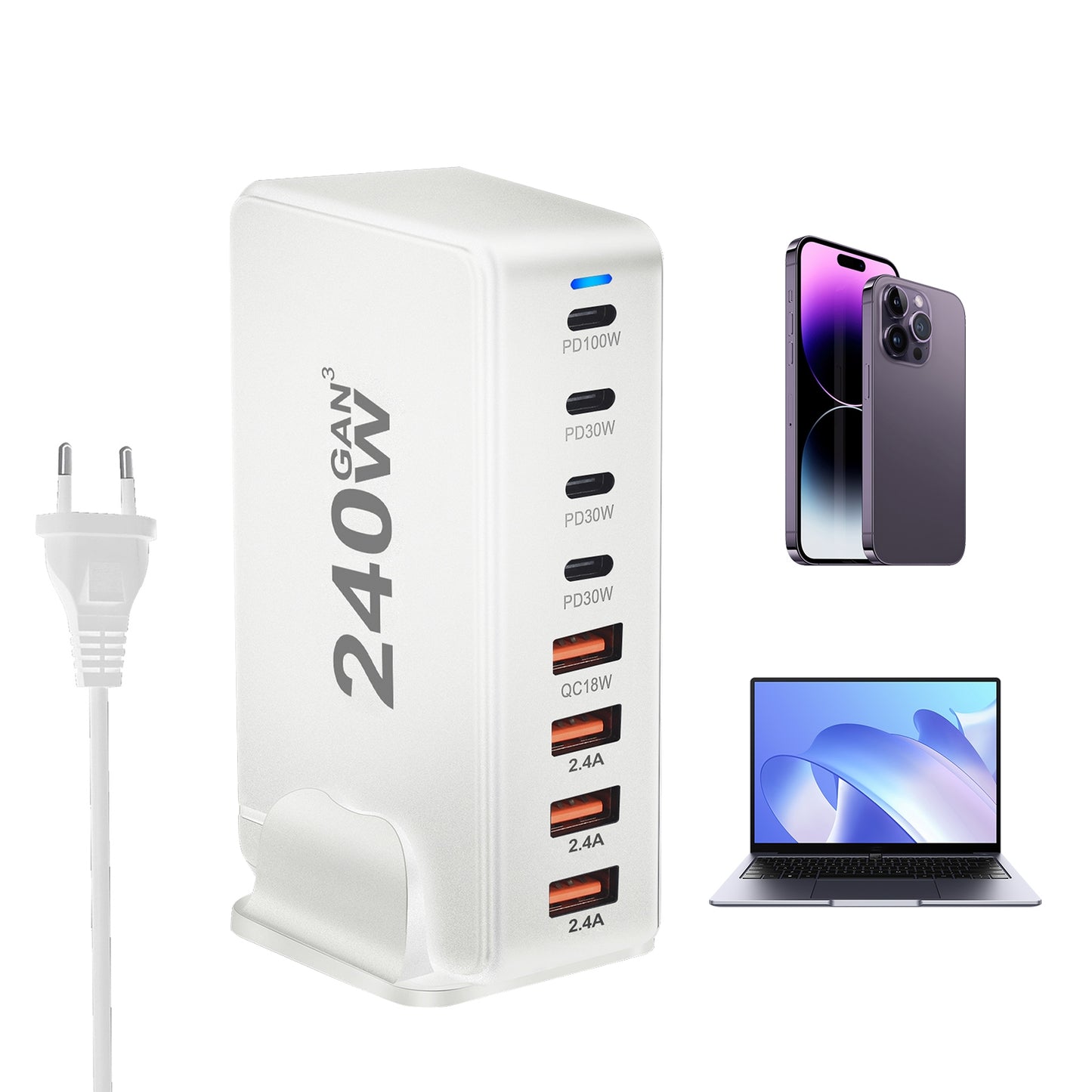 240W Multifunctional USB Charger Hub 4 USB A 4 USB C Hub PD Adapter Charging Block Plug Adapter White US Plug