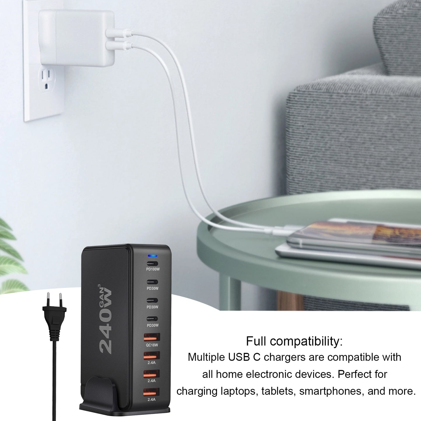 240W Multifunctional USB Charger Hub 4 USB A 4 USB C Hub PD Adapter Charging Block Plug Adapter White US Plug