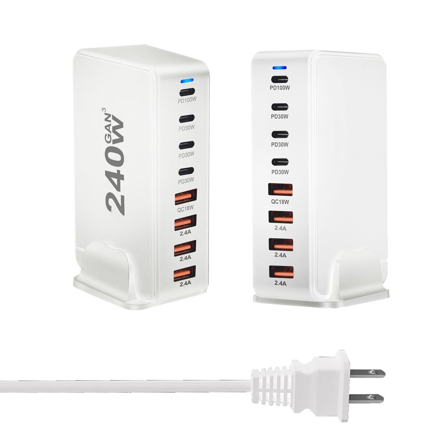 240W Multifunctional USB Charger Hub 4 USB A 4 USB C Hub PD Adapter Charging Block Plug Adapter White US Plug