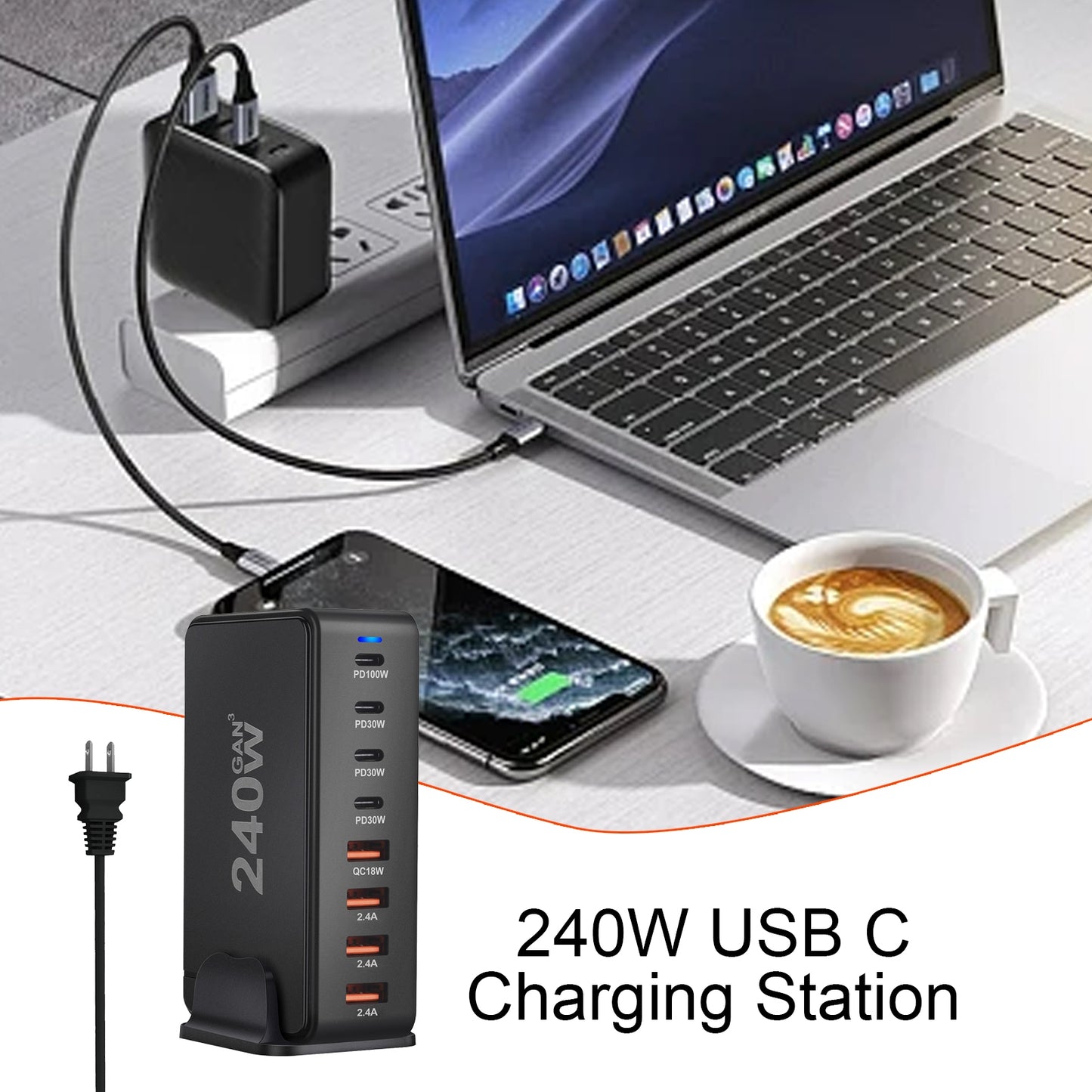 240W Multifunctional USB Charger Hub 4 USB A 4 USB C Hub PD Adapter Charging Block Plug Adapter White US Plug