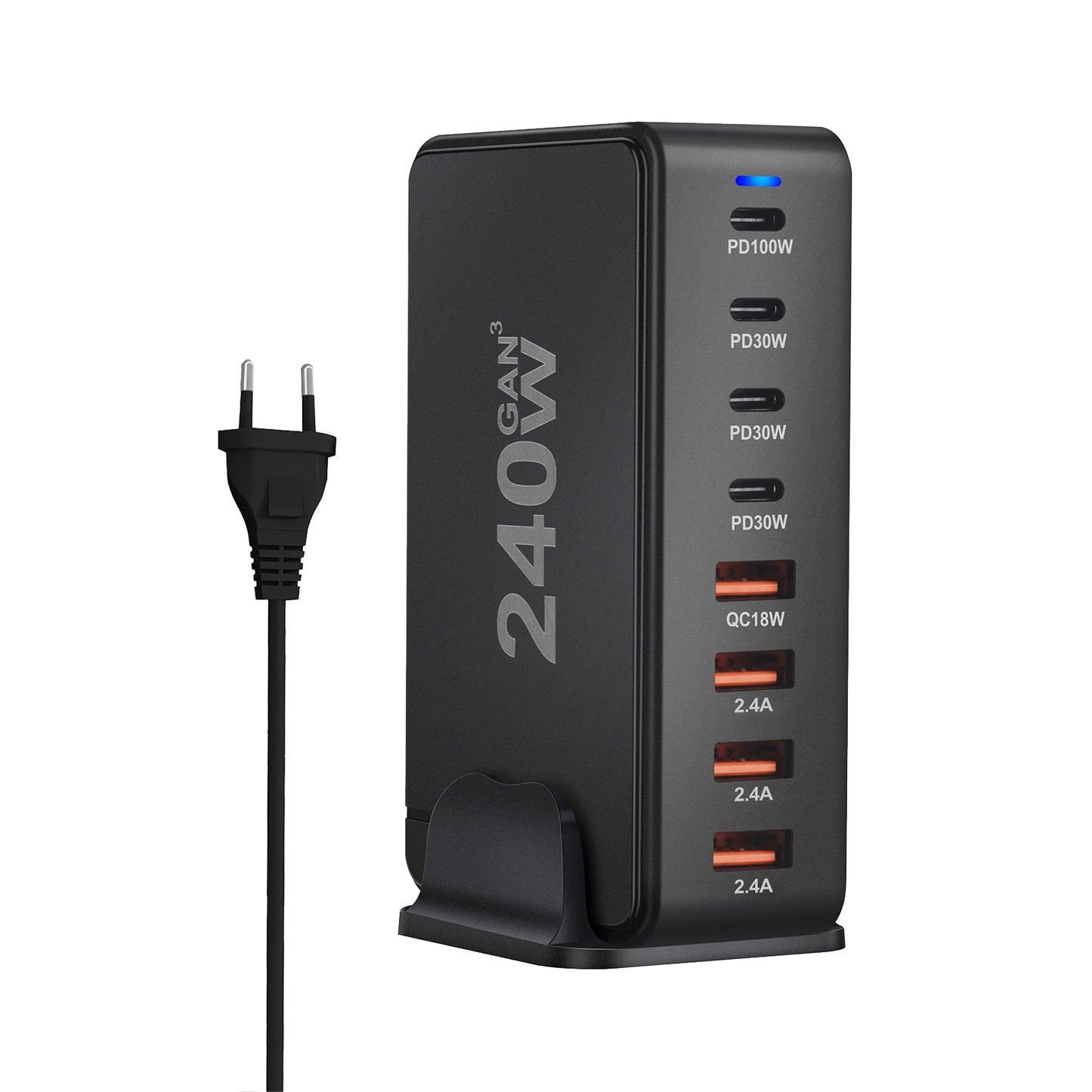 240W Multifunctional USB Charger Hub 4 USB A 4 USB C Hub PD Adapter Charging Block Plug Adapter Black EU Plug