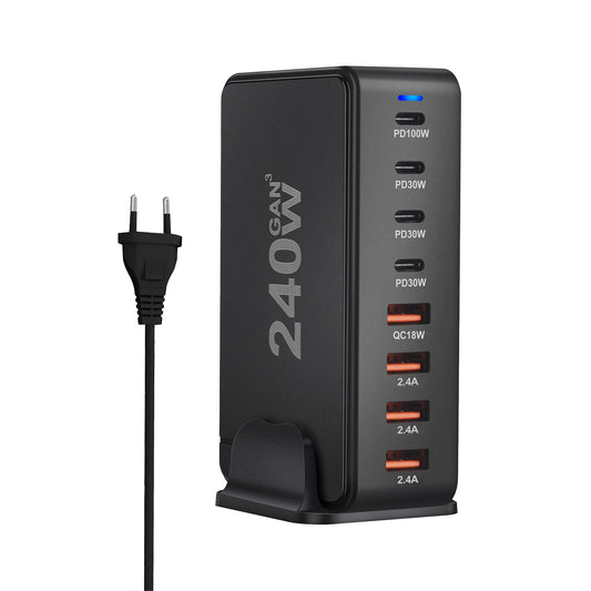 240W Multifunctional USB Charger Hub 4 USB A 4 USB C Hub PD Adapter Charging Block Plug Adapter Black EU Plug