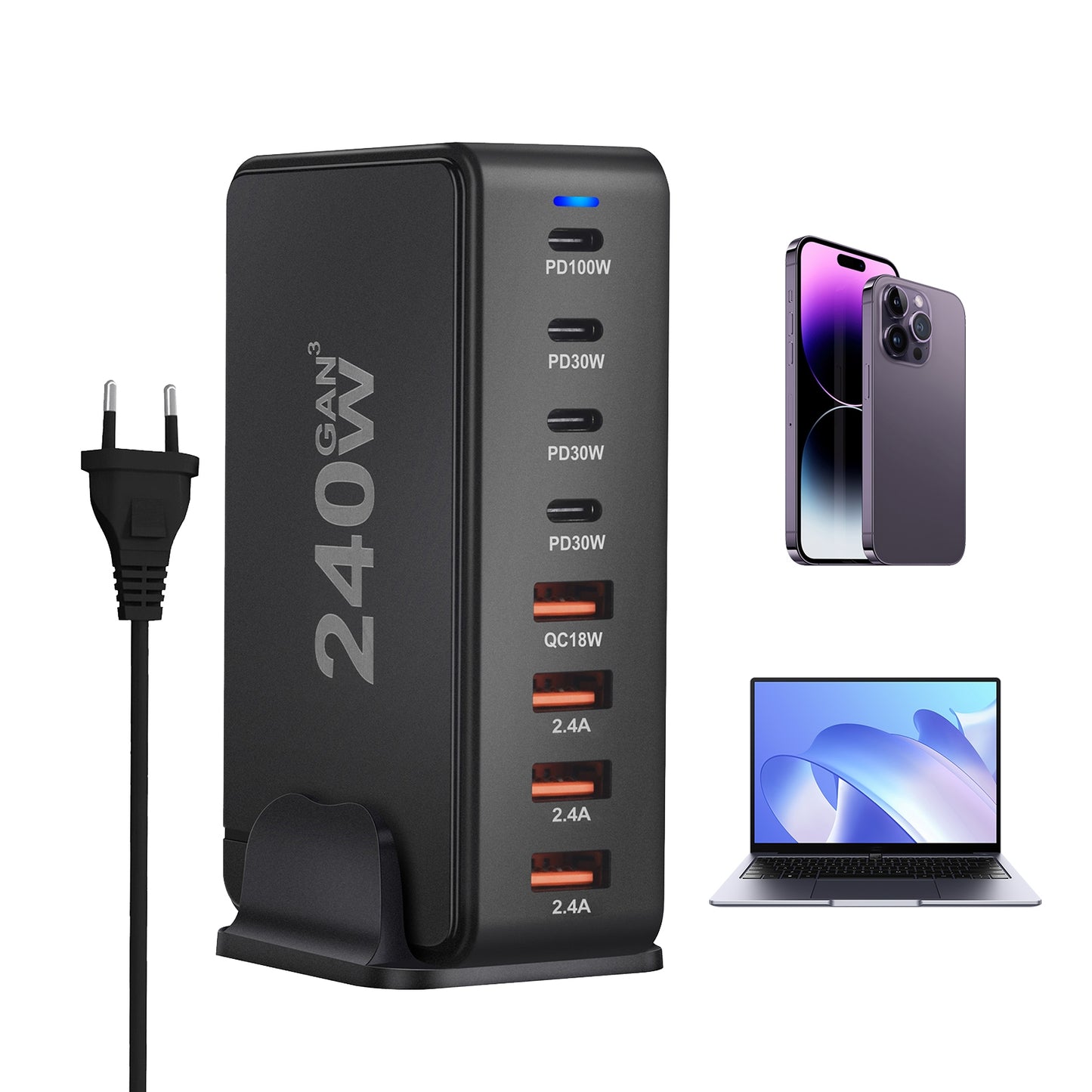 240W Multifunctional USB Charger Hub 4 USB A 4 USB C Hub PD Adapter Charging Block Plug Adapter Black EU Plug