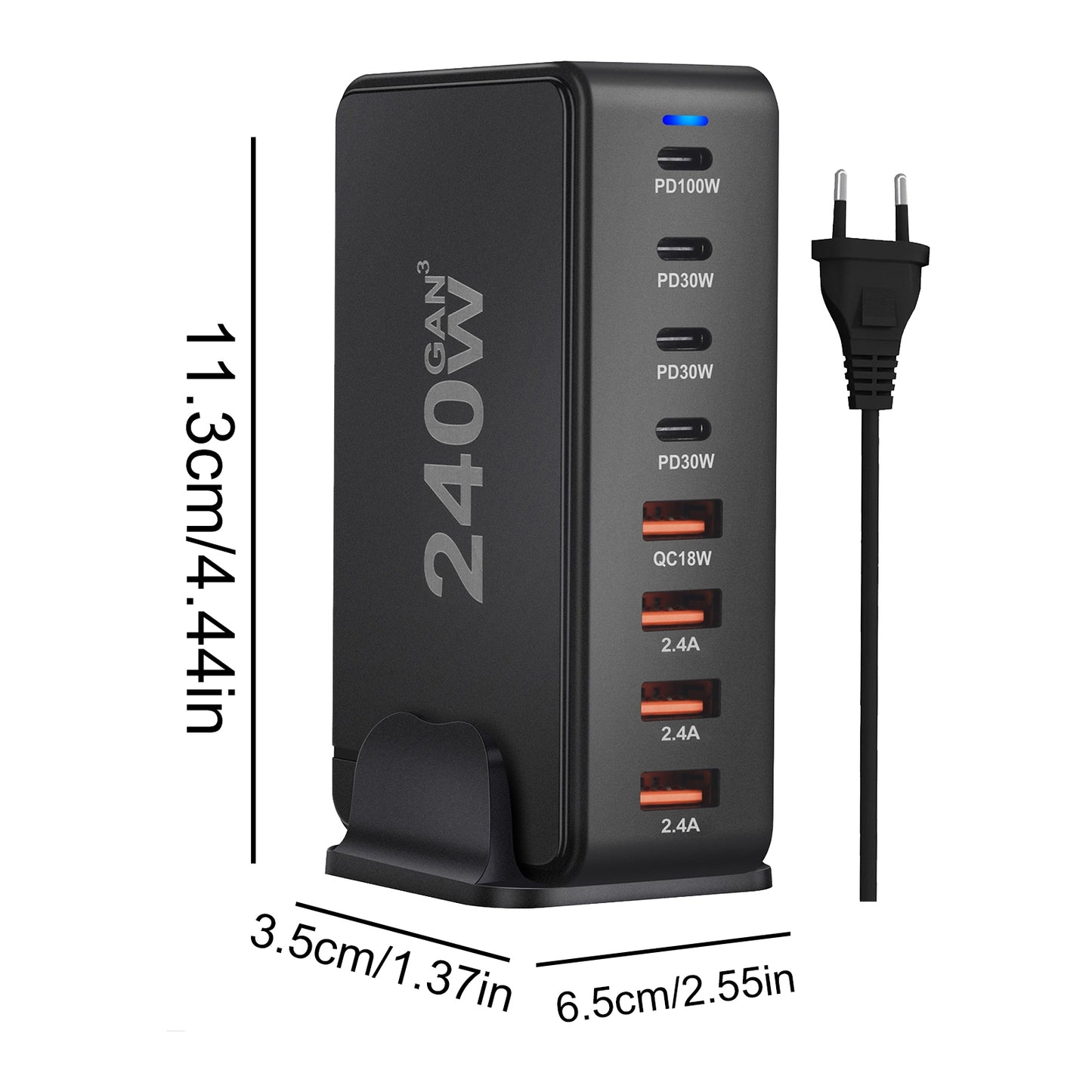 240W Multifunctional USB Charger Hub 4 USB A 4 USB C Hub PD Adapter Charging Block Plug Adapter Black EU Plug