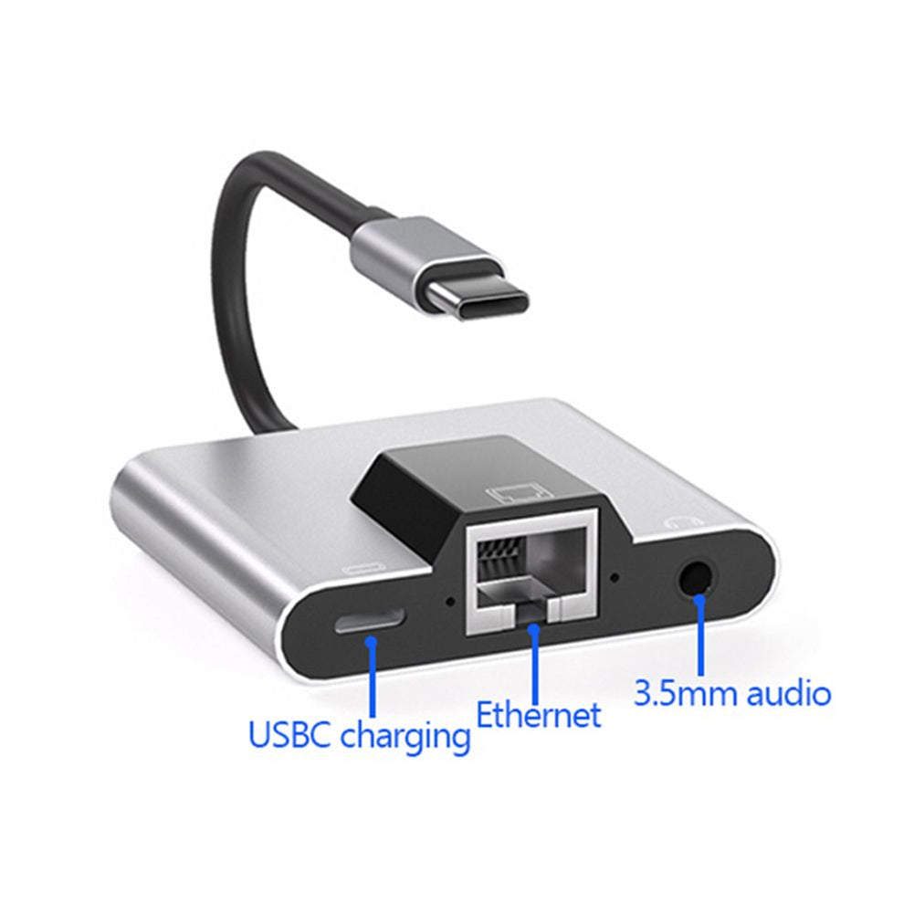 USB C To Ethernet Adapter Network Converter Plug & Play Type-C High Speed 100Mbps Ethernet Adapter USB C To 3.5Mm Audio Converter PC Fast Charging Expansion Base For Smart Phone Computer grey