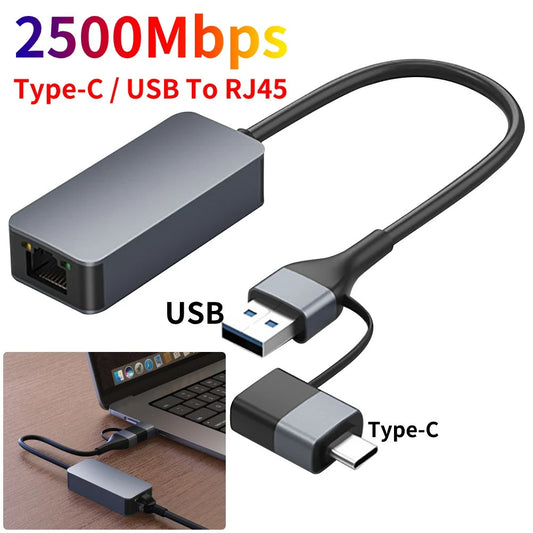 USB C To 2.5G Ethernet Adapter Network Converter Plug & Play Fast 2500Mbps USB A Ethernet Adapter Converter 2.5Gbps USB 3.0 Converter For Smart Phone Laptop Computer PC grey